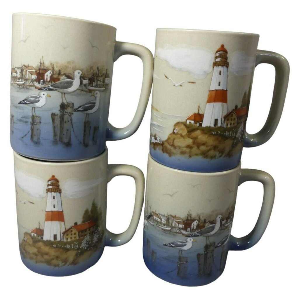 Otagiri Nautical Lighthouse Seaside Village 4 Coffee Mug Tea Cup Vintage Seagull